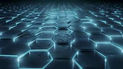 Fototapeta premium Hexagon futuristic mosaic representing a science network. Tech geometry with a metallic grid and glowing cells. Cyber and cyberspace elements with neon highlights, molecular engineering concepts.