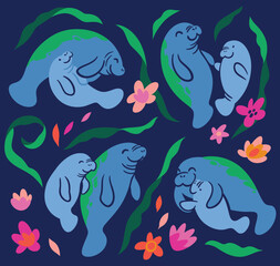 Cute Manatees with babies. Vector illustration