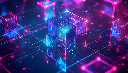Blockchain technology for design, isometric shining box, database, glass cube dark blue vector background