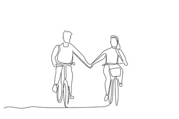 young couple in love riding a bike together happy moments outside one line art design vector