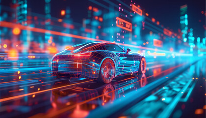 Autonomous car with touch sensors in a futuristic style. A smart vehicle with motion sensors for safe driving. Vector illustration of a holographic transport