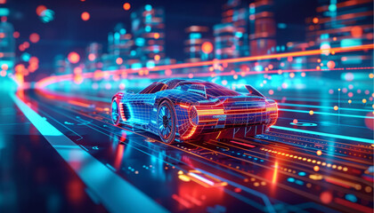 Autonomous car with touch sensors in a futuristic style. A smart vehicle with motion sensors for safe driving. Vector illustration of a holographic transport