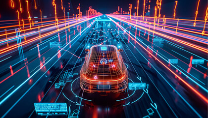 Autonomous car with touch sensors in a futuristic style. A smart vehicle with motion sensors for safe driving. Vector illustration of a holographic transport