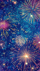 Vector set of colorful celebration festive fireworks for holiday, new year party, Xmas, birthday, carnival, Independence day. Firework show in dark evening sky. Pyrotechnics firecracker background