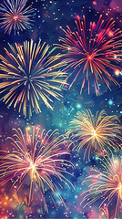 Vector set of colorful celebration festive fireworks for holiday, new year party, Xmas, birthday, carnival, Independence day. Firework show in dark evening sky. Pyrotechnics firecracker background