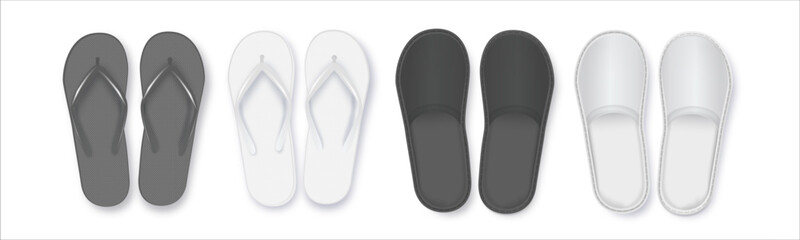 Realistic 3d White and Black Blank Empty Flip Flop Closeup Isolated on White Background. Design Template of Summer Beach Flip Flops Pair Mockup. Vector