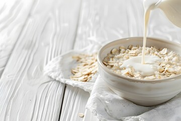 Giraffe's Breakfast Journey: Milk and Oatmeal Adventure. Milk is poured into oatmeal in a bowl
