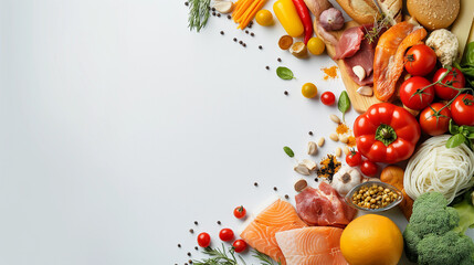 Minimalistic white background with cooking products , vegetables and spices, with space for text