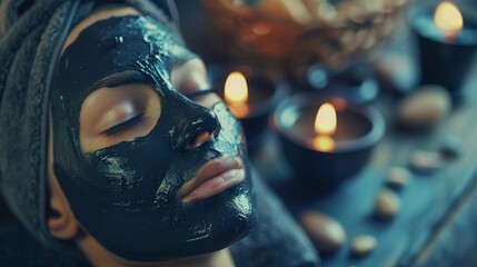 Woman Relaxing with Black Face Mask and Candlelight