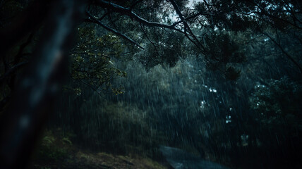 Forest photo taken on a rainy autumn day. Autumn seasonal. Cinematic mood.