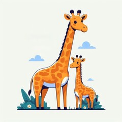 Naklejka premium A giraffe and its baby are standing in a field