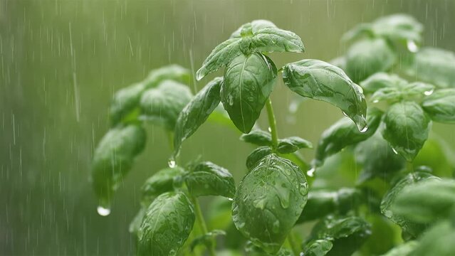 Its raining on green basil herbs in spring nature, fresh rainy weather