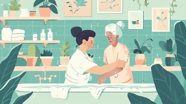 A compassionate caregiver assisting an elderly person with daily tasks such as bathing and dressing. The importance of creating a safe and supportive environment for their well-being and comfort.