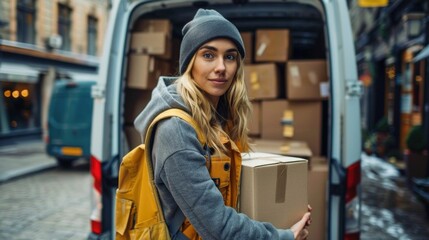 Organized Courier Woman in Uniform Arranging Packages for Efficient Delivery Route in Urban City Setting