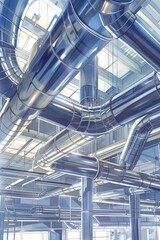 An illustration of a ventilation system with air ducts and air conditioning equipment, showcasing the architecture of air ventilation in a commercial building, emphasizing efficient air distribution