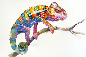 Obraz premium Vibrant Watercolor Painting of Colorful Chameleon with Spectrum of Hues on White Background with Gentle Shadowing