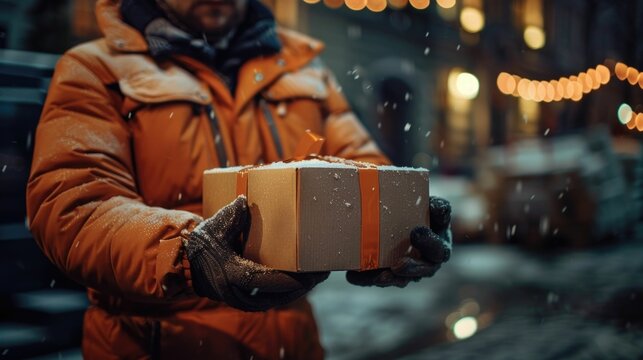 Overnight package delivery service in a snowy urban setting with a person holding a box and rushing through a winter city street at night surrounded by blurred lights and falling snow