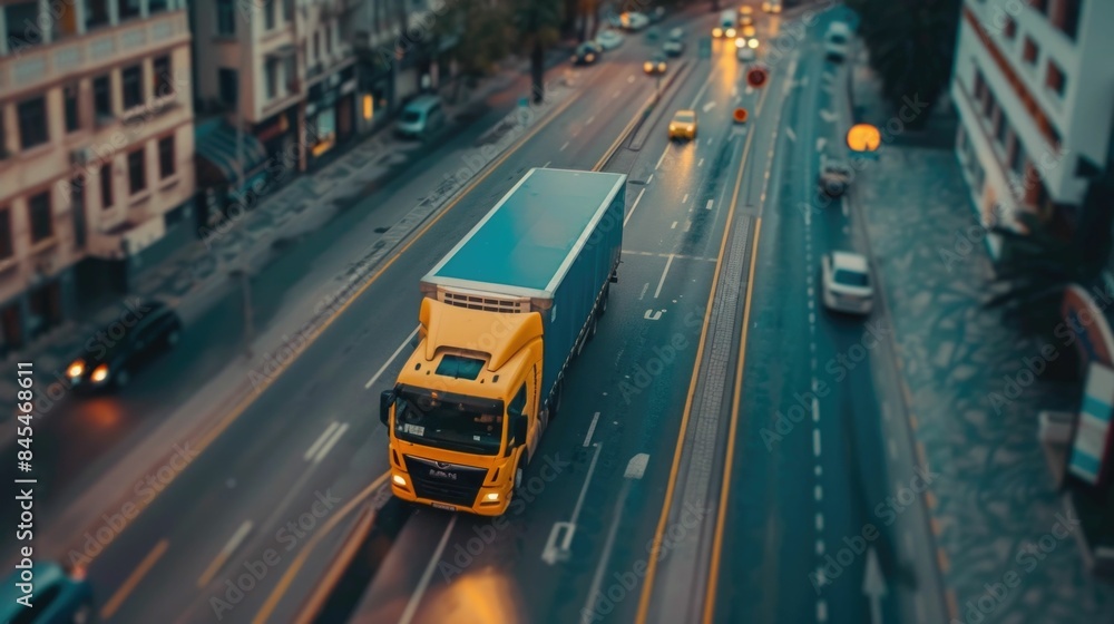 Poster optimizing delivery routes in a bustling urban landscape with innovative technology a scene showcasi