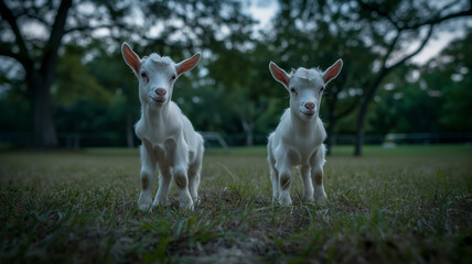 Obraz premium Two little baby goats sitting on the grass. Animals photography. Cinematic mood 