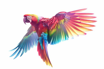 Fototapeta premium Vivid Rainbow Parrot in Mid-Flight Digital Illustration with Dynamic Shadows and Highlights on White Background