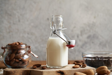 Vegan almond milk in a glass bottle