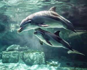Fototapeta premium A dolphin mother and calf swimming together, indicating the strong bond between parent and child