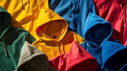 On a lively and colorful backdrop, multiple hoodies are arranged in an enticing composition, inviting admiration for their style and diversity