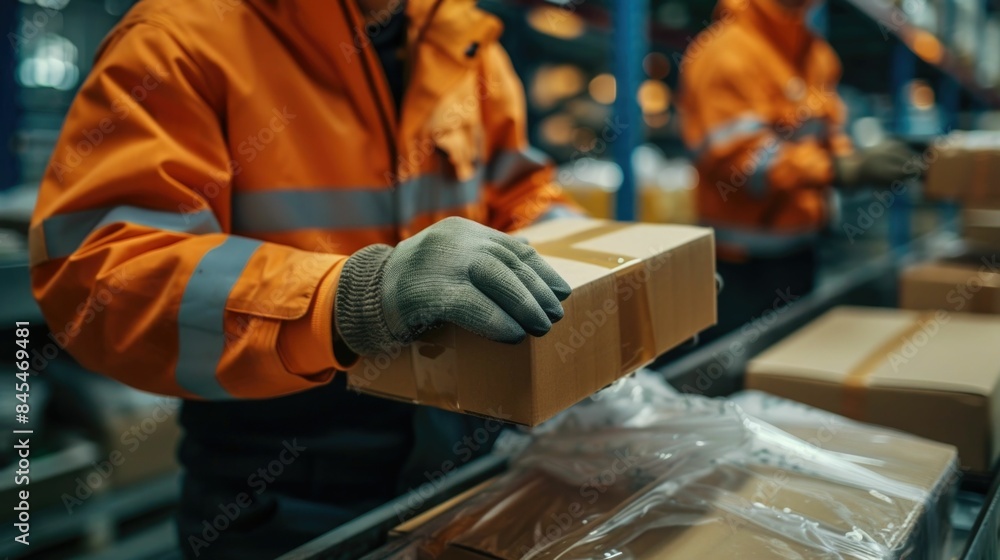 Poster fragile item handling by couriers carefully packaging and transporting delicate goods in warehouse c