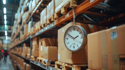 Scheduled delivery window highlighting customers selecting specific times for package delivery within a well organized warehouse interior with shelving and storage systems