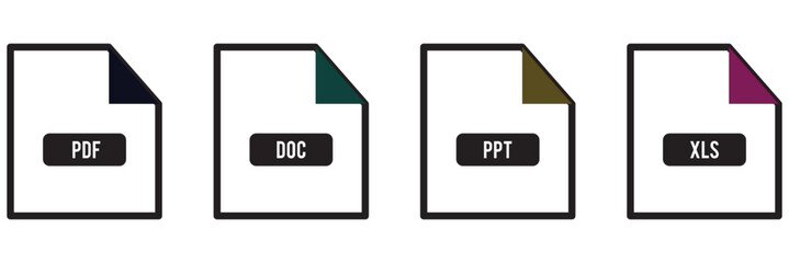 Document file icons set. Containing PDF, DOC, XLS and PPT icon vector illustration.