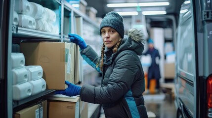 Couriers carefully handling refrigerated packages and cargo in a temperature controlled transportation vehicle or delivery truck for commercial logistics and distribution services
