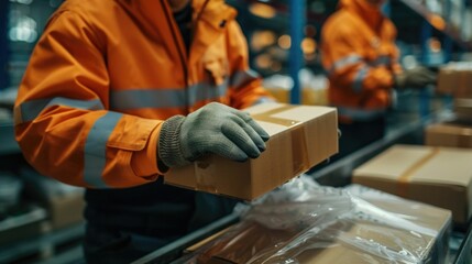 Fragile Item Handling by Couriers Carefully Packaging and Transporting Delicate Goods in Warehouse  Couriers wearing protective gear carefully handling and packaging fragile items for secure delivery