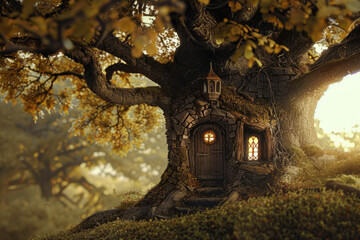 Fototapeta premium A tree with hidden doors and windows, suggesting secret passages and rooms within its trunk and branches, inviting exploration and the discovery of hidden worlds. 