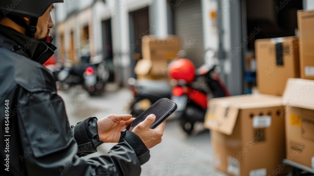Poster delivery status update and notifications received on customer smartphones in busy urban street setti