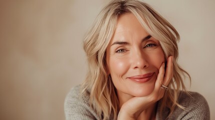 Georgeous cheerful middle aged mature woman with hands on her face enjoying perfect skincare and skin as self love and care concept