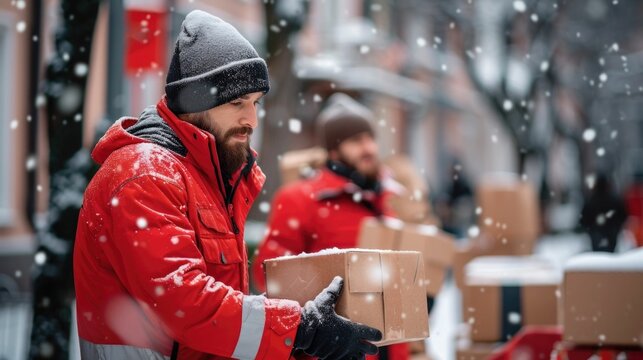 Hardworking Couriers Diligently Navigating the Holiday Delivery Rush Efficiently Handling Packages in a Snowy Warehouse Environment During the Busy Holiday Season