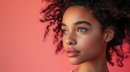 Portrait of a confident multiracial teenager with a captivating expression set against a soothing pastel pink backdrop highlighting their natural beauty and alluring presence