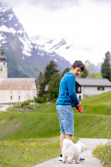 Children, boy brothers in Switzerlands Alps on a spring day with pet maltese dog, traveling.