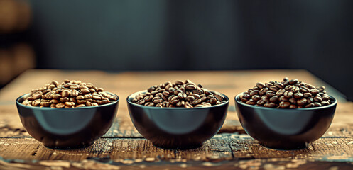 Three bowls with different roasts of coffee beans.