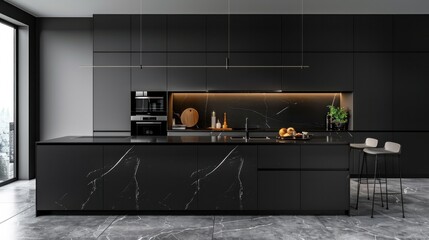 Black modern kitchen interior with island, sink, cabinets, a new luxury home.