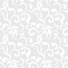 Tender seamless pattern with swirls and leaves on a gray background. Texture for wallpaper, home decor, textile, package design or invitation