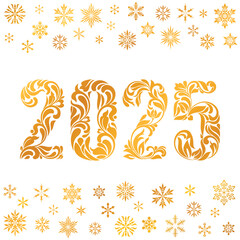 Happy New Year 2025. Golden figures with made in floral ornament isolated on a white background. The design is decorated with golden snowflakes