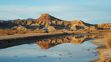 mountains in dry desert reflecting in car side mirror during trip