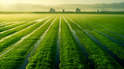 Algae farm with biofuel extraction facilities in the background.