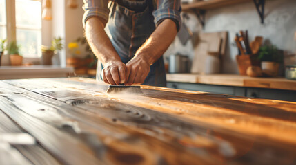 Man polishing a wooden table