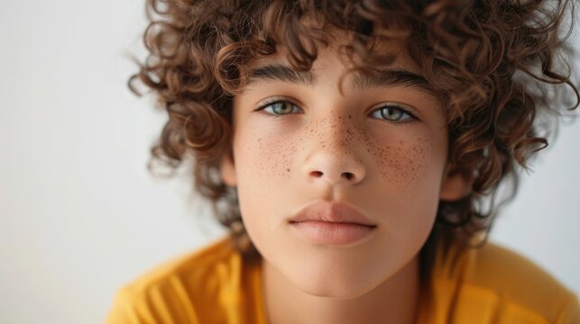 Portrait of a curious and contemplative multi ethnic teenage boy with curly hair against a plain white background capturing a thoughtful and introspective expression