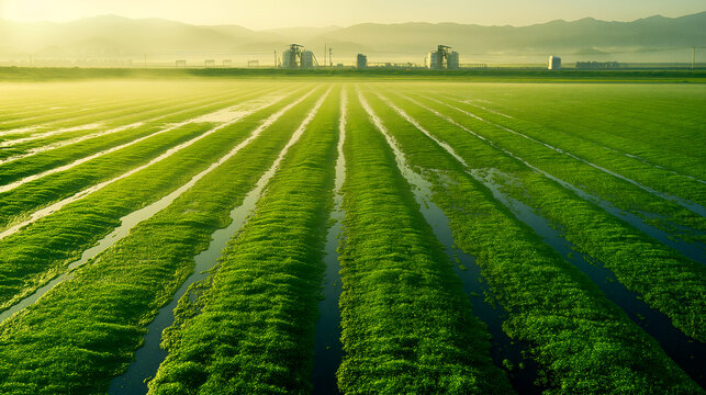 Algae farm with biofuel extraction facilities in the background.