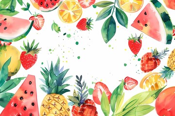 Watercolor summer template, frame with tropical fruits and leaves. Hello summer. Poster, template for social media, banner, postcard. Watercolor illustration, texture, hand drawing.