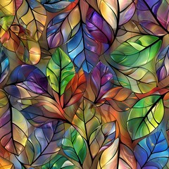 Abstract illustration. Multicolored translucent stained glass leaves.