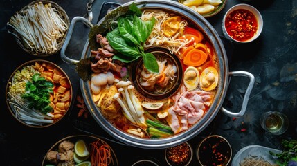 High-angle view of a traditional Thai hot pot (suki) filled with assorted meats, vegetables, and noodles